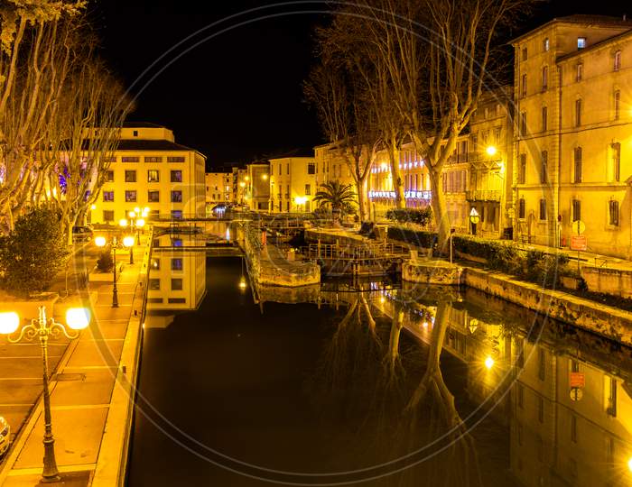 Night View Of Canal De La Robine In Narbonne, France