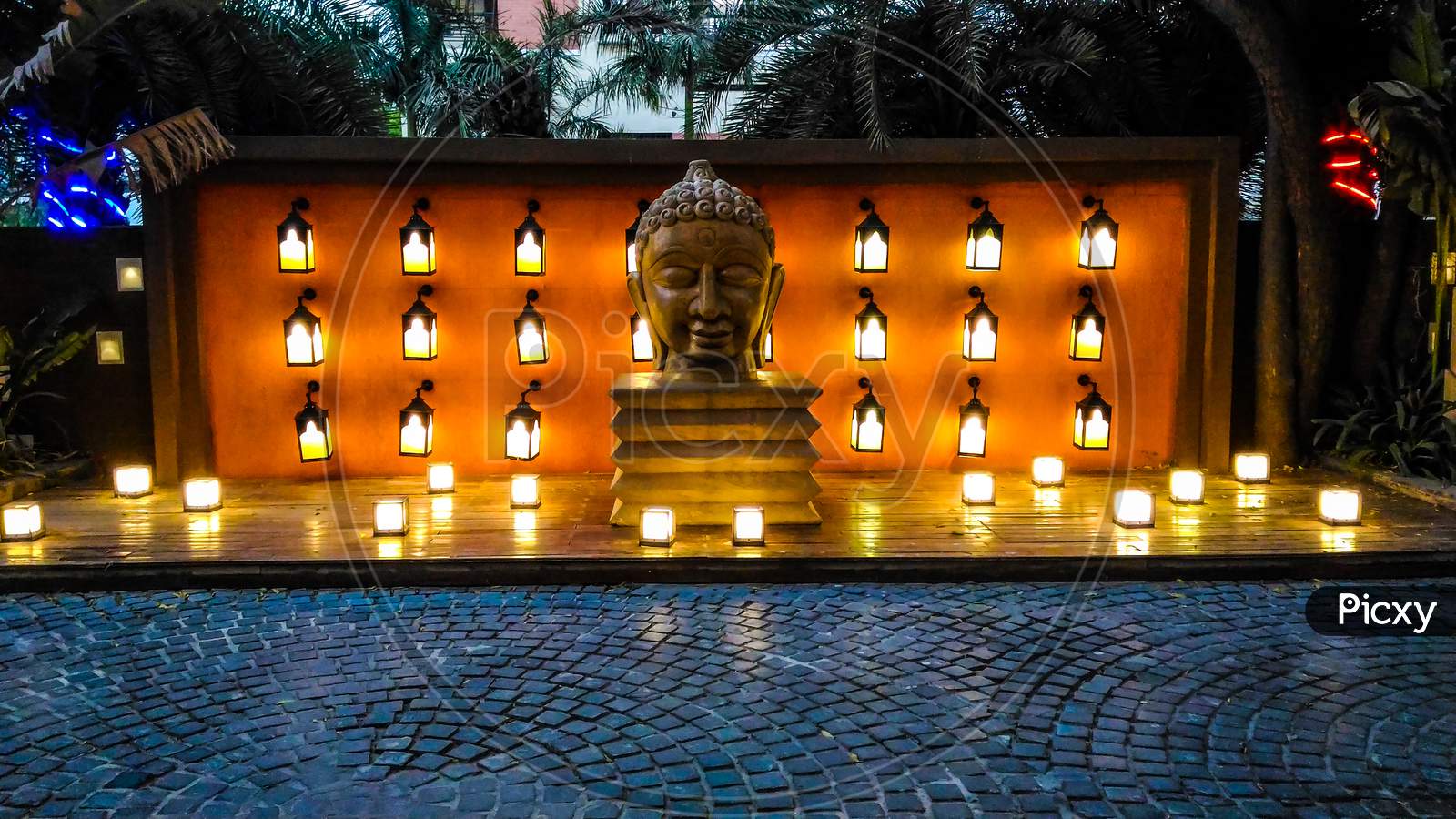 sculpture of Buddha with lightings