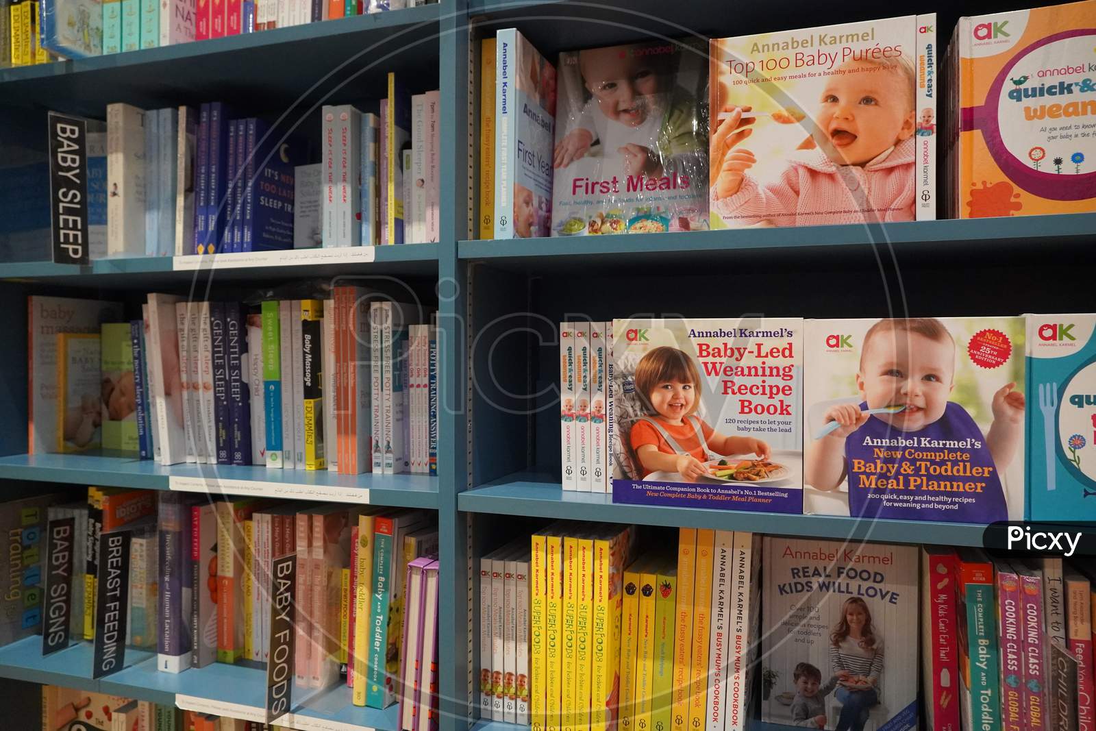 Bookshelf In Library With Many Parenting Books For Sale. Parenting, Toddler Guidebooks. Children Books. Toddler Books. What To Expect When You Are Expecting. Pregnancy Guide - Dubai Uae December 2019
