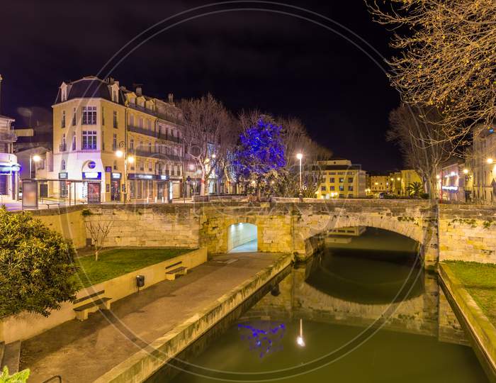 Night View Of Canal De La Robine In Narbonne, France