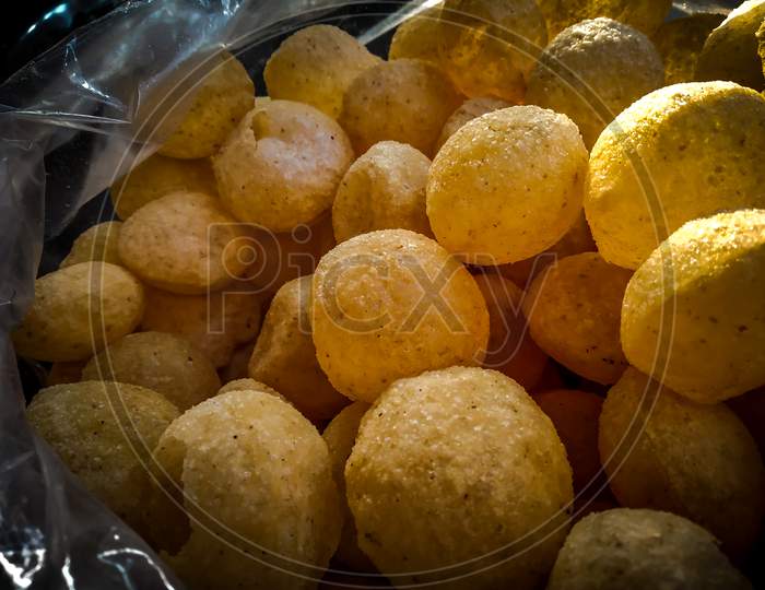 Close Up Of Panipuri, Gol Gappe An Indian Famous Street Snack Food