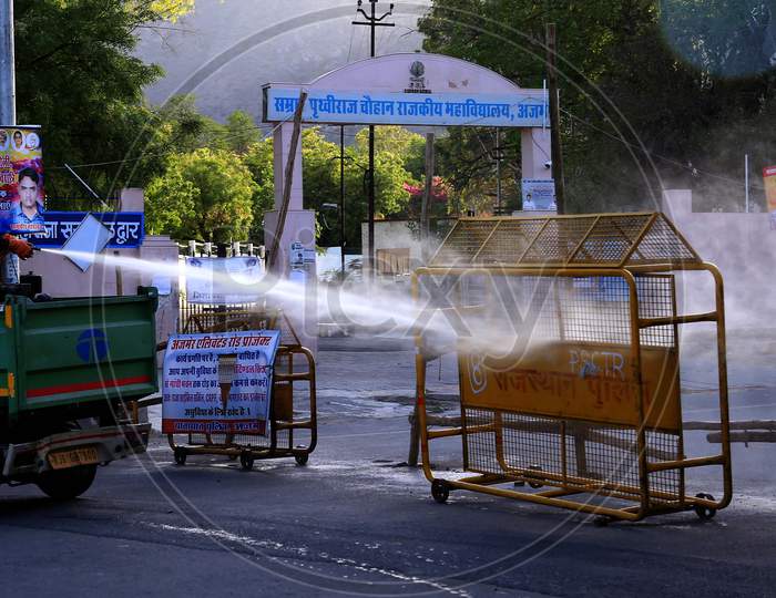 A man Spray Disinfectant during a government-imposed nationwide lockdown as a preventive measure against the COVID-19 coronavirus in Ajmer, Rajasthan, India on 07 May 2020.