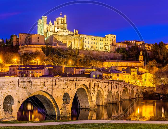 St. Nazaire Cathedral And Pont Vieux In Beziers, France