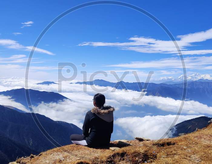 hiker in the mountains,Amazing view