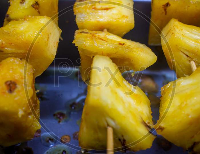 Pineapple Skewers With Spices Ready For Grilling