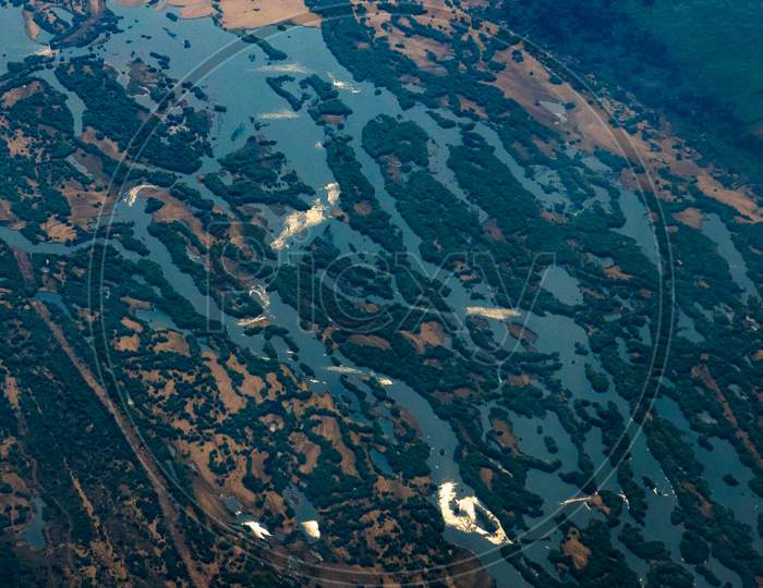 Aerial View of a Kaveri River Channel With Patterns From Flight Window