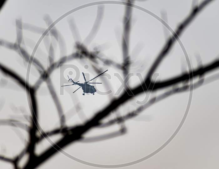 A Helicoptor (Chopper) Flying In India In 2019 During Pulwama Attack.