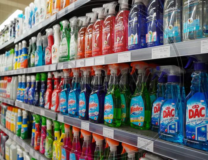 Cleaning Supplies, Sprays, Liquids Cleaning Detergents For Sale On Supermarket Stand. Bottles With Cleaning Products For Cleaning House Of Various Manufacturers On Shelves.