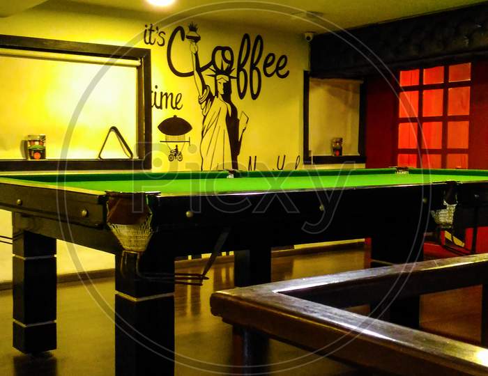 unique cinematic photo of Pool Table in coffe bar