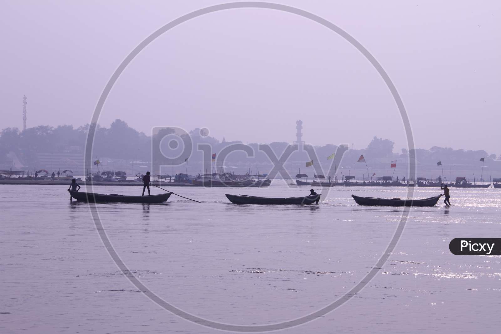 A View of Boats In  Sangam, the confluence of the Ganges, Yamuna and Saraswati rivers, Prayagraj, previously known as Allahabad, India.