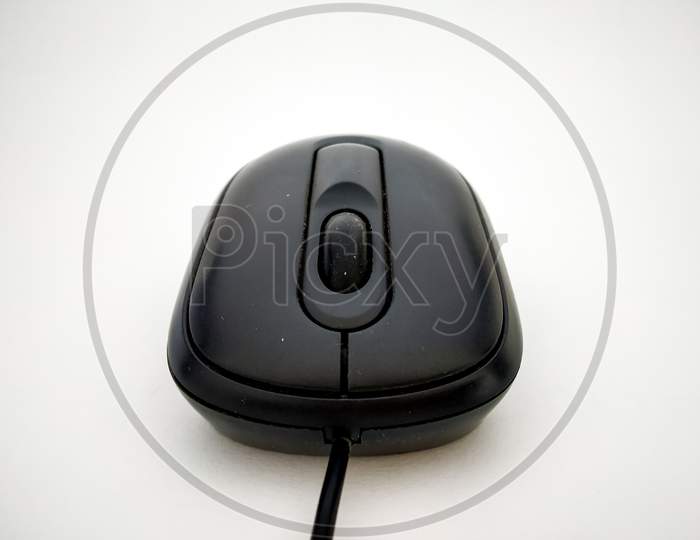 Close Up Of Black Wired Mouse Isolated With White Background