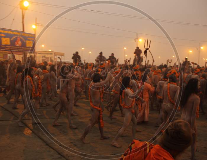 Naga Sadhu Or Aghori Or Indian Holy Man At Kumbh Mela In Allahabad