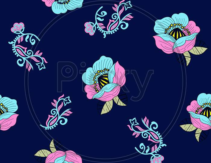 Abstract Seamless Flowers Pattern For Girl, Fashion Textile, Clothes, Wrapping Paper. Floral Repeated Backdrop With Leaves, Flowers. Colorful Girlish Wall