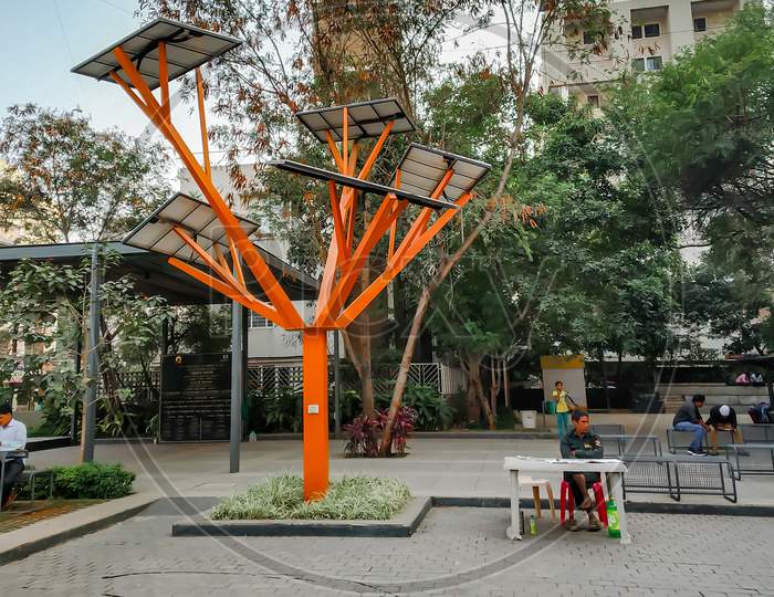 It Hub Pune Has Solar Technology Tree With Solar Panels Above In Pune, Maharashtra, India Shot In October,2018
