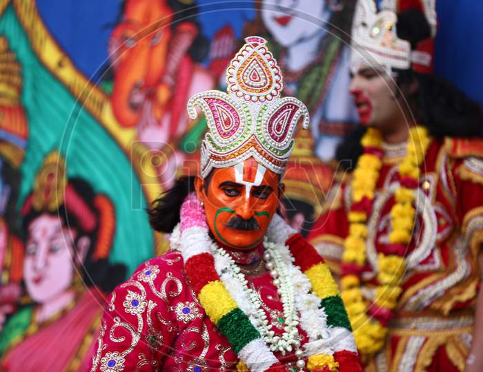 A Man dressed as Lord Hanuman during 'Dussehra' festival celebration in Pushkar, Rajasthan, India.
