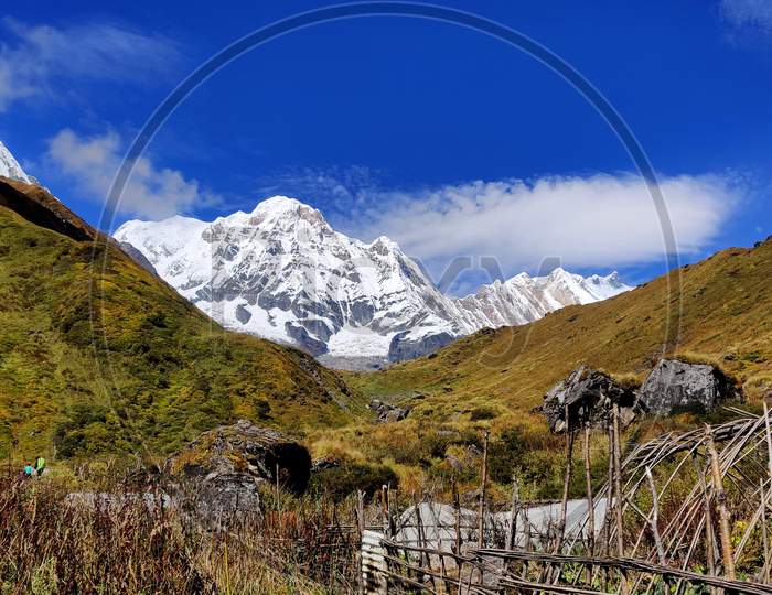 Snow mountain landscape with blue sky and Rocks in Annapurna Nepal