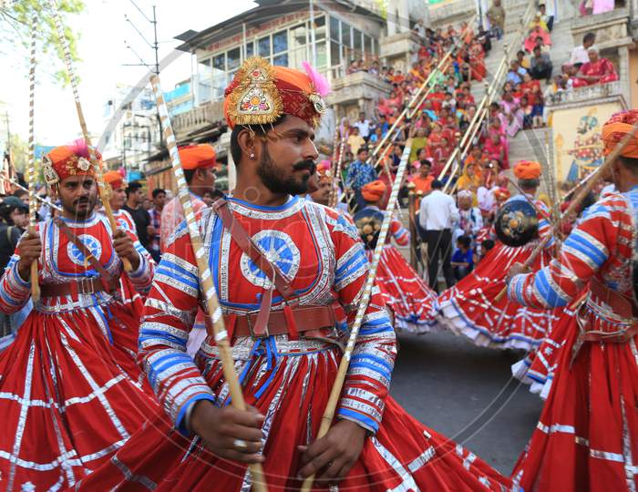 Rajasthani Folk Artist Performs during Gangaur Festival in Udaipur, Rajasthan, India.