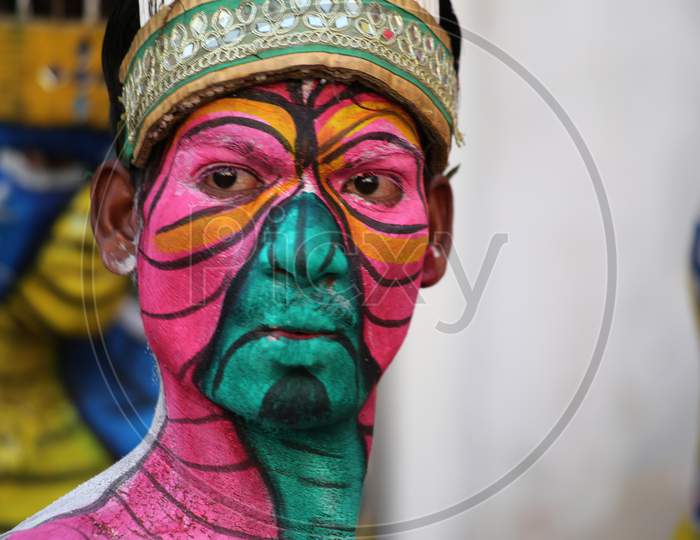 Artists Wearing Facial Paint And Performing in Gangaur Festival Udaipur On 4 April 2019.
