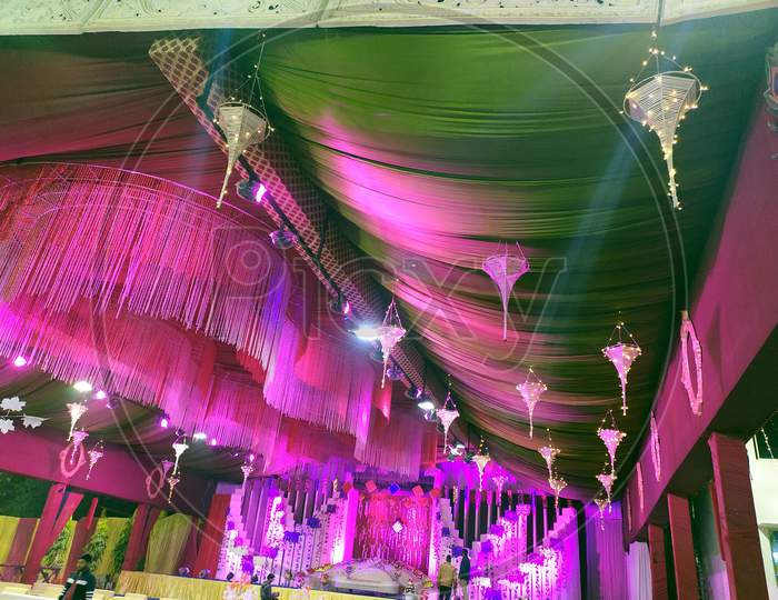 Wedding decoration element. Lights, entrance gate, Shower, Drinks, Flowers, Couple Stage
