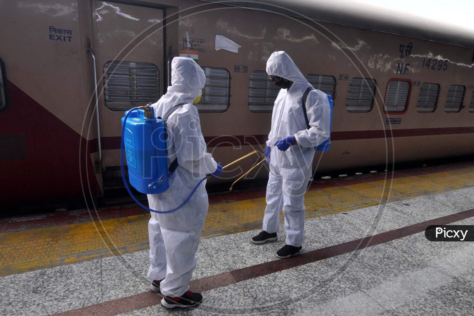 Train Coaches Being Sanitized By Workers At Guwahati Railway Station During Nationwide Lockdown Amidst Coronavirus Or Covid- 19 Pandemic In Guwahati On May 13, 2020.