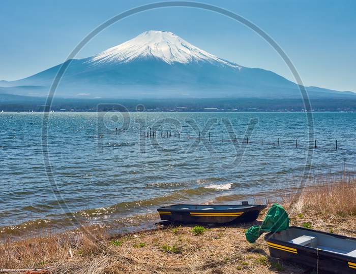 Iconic View Of Lake Yamanaka And Mt. Fuji In The Background, Japan