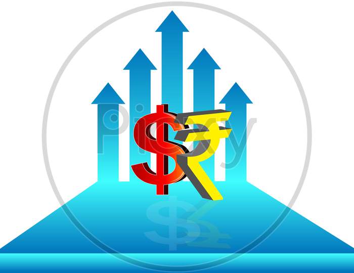 Growth graph with dollar and rupee symbol