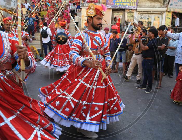 Rajasthani Folk Artist Performs during Gangaur Festival in Udaipur, Rajasthan, India.