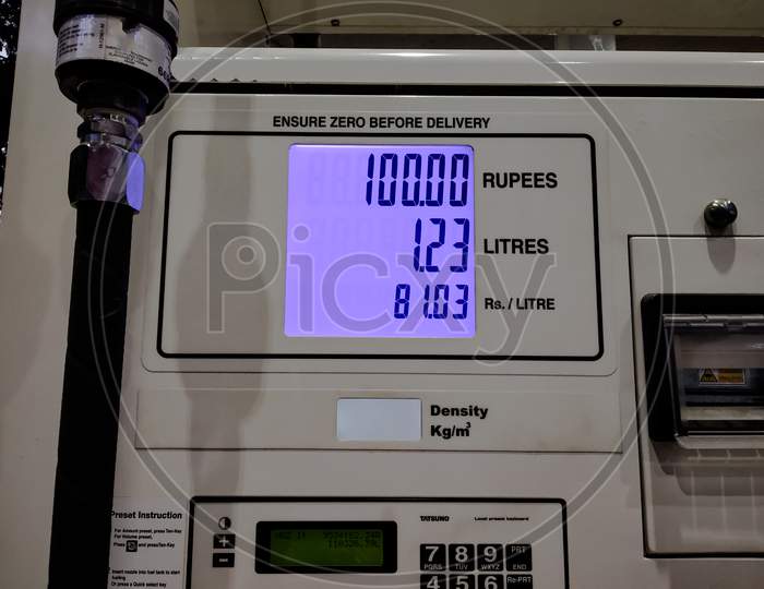Rates Of Petrol Are Increasing , The Meter Showing The Current Rate Of Petrol In India.