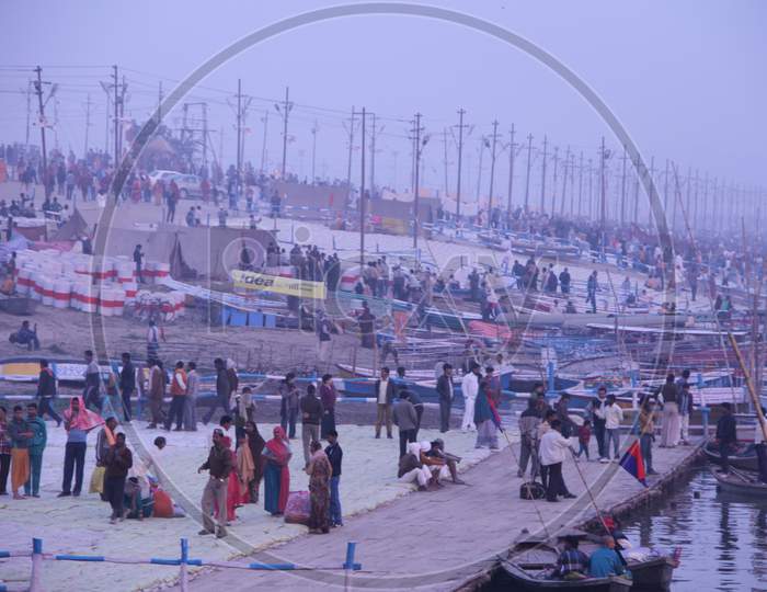 Boats On The Bank Of Triveni Sangam River At Ghats During Kumbh Mela In Allahabad