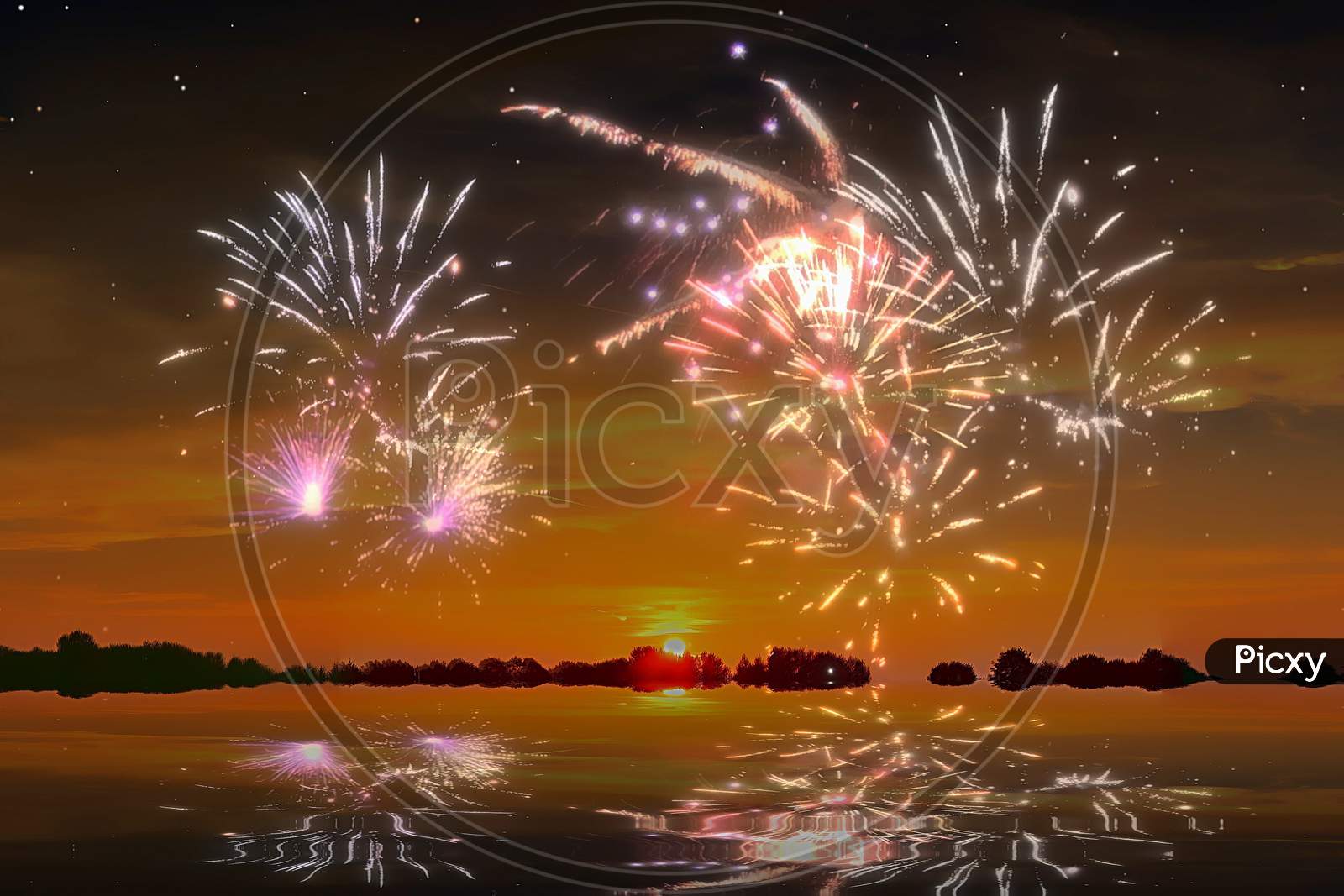 Beautiful happy new year fireworks in the sky with reflections on water