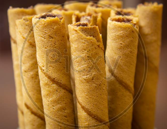 Bunch Of Chocolate Flavored Wafer Rolls. Crunchy Wafer Rolls Loved By Kids.