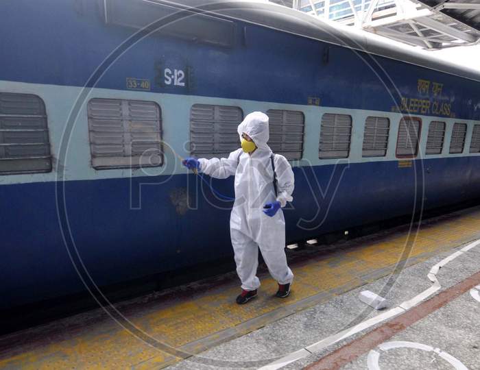 Train Coaches Being Sanitized By Workers At Guwahati Railway Station During Nationwide Lockdown Amidst Coronavirus Or Covid- 19 Pandemic In Guwahati On May 13, 2020. 