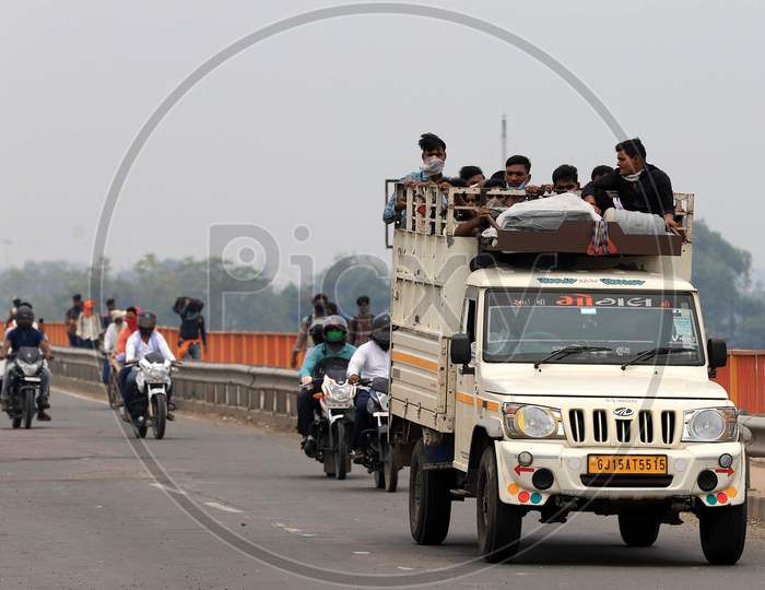 Migrants Travelling in Truck Jeep To Reach Their Native Places During Nationwide Lockdown Amidst Coronavirus Or COVID-19 Pandemic in Prayagraj