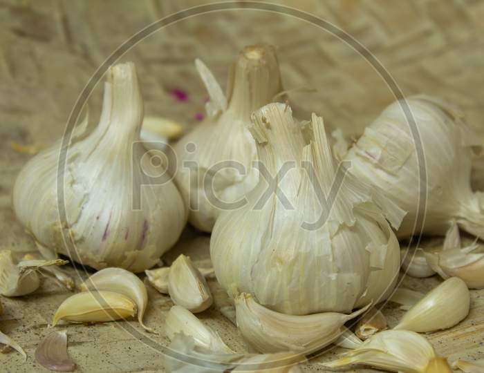 View Of Broken Down Garlic Pieces And The Whole Ones. Garlic Helps Build Immunity Against Cold And Flu.