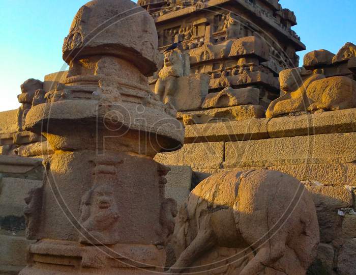 Ancient Shore temple in Mahabalipuram during sunrise