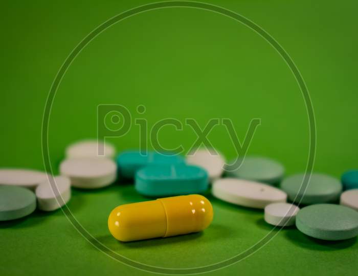 Pills Of Colors In A Neutral Background. Medications In The Form Of Tablets. Drugs To Be Used Orally.