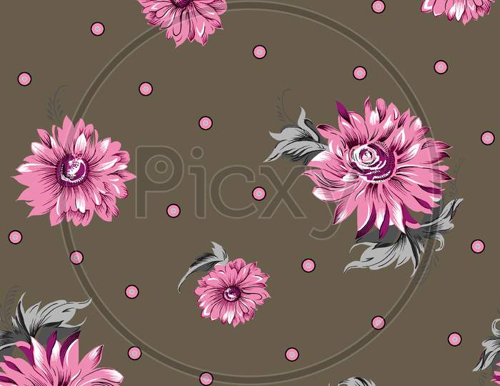Ethnic Floral Seamless Pattern On Dark Background With Decorative Pink Flowers