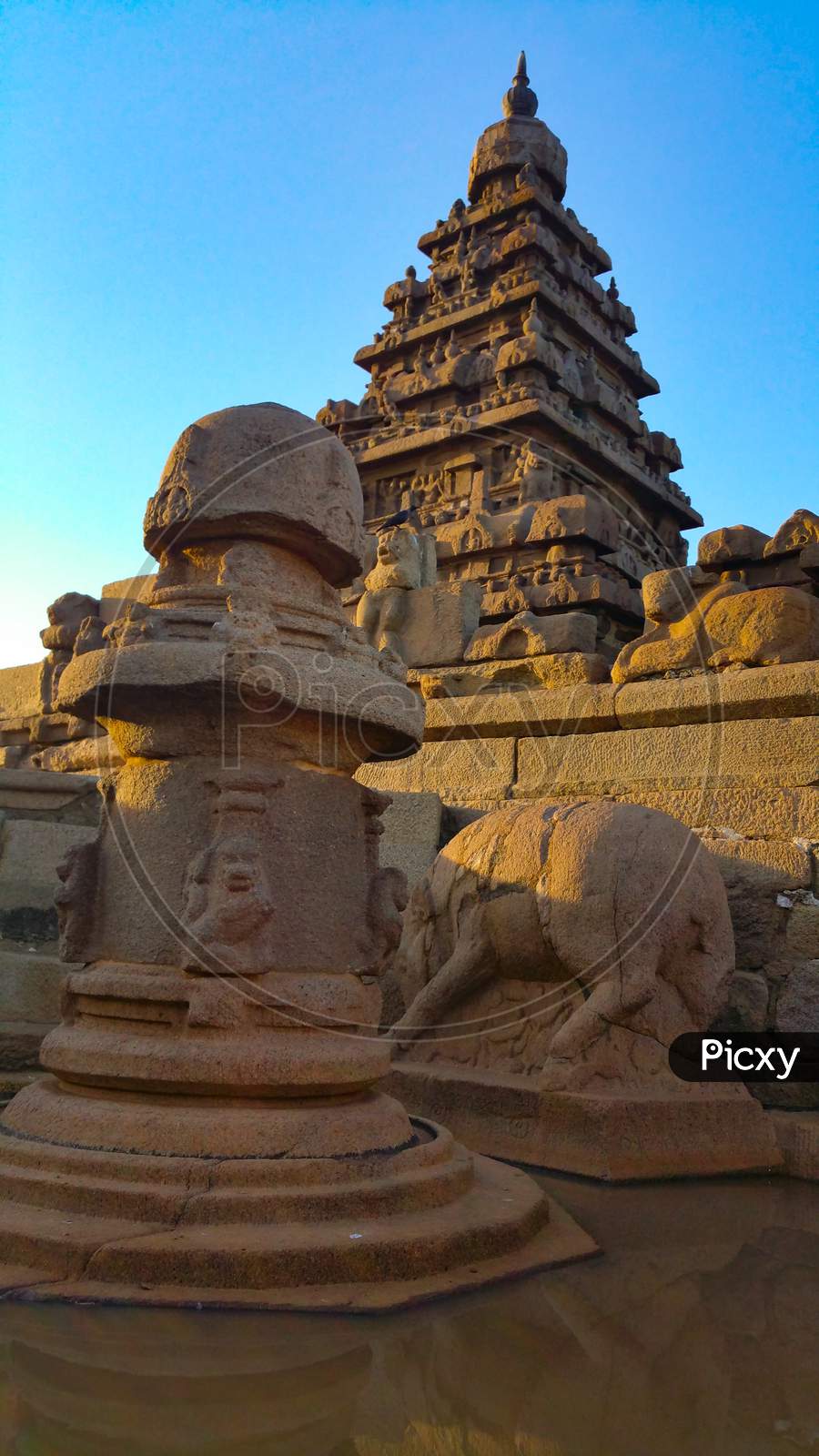 Ancient Shore temple in Mahabalipuram during sunrise