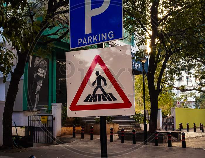 Parking And Zebra Crossing Sign Board On The Roadside In Pune, India