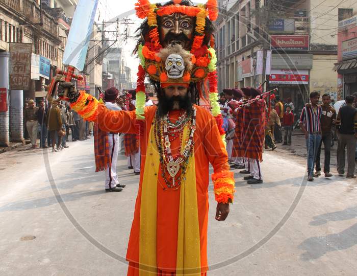 Indian Baba Or Sadhu Arriving At Kumbh Mela In Allahabad