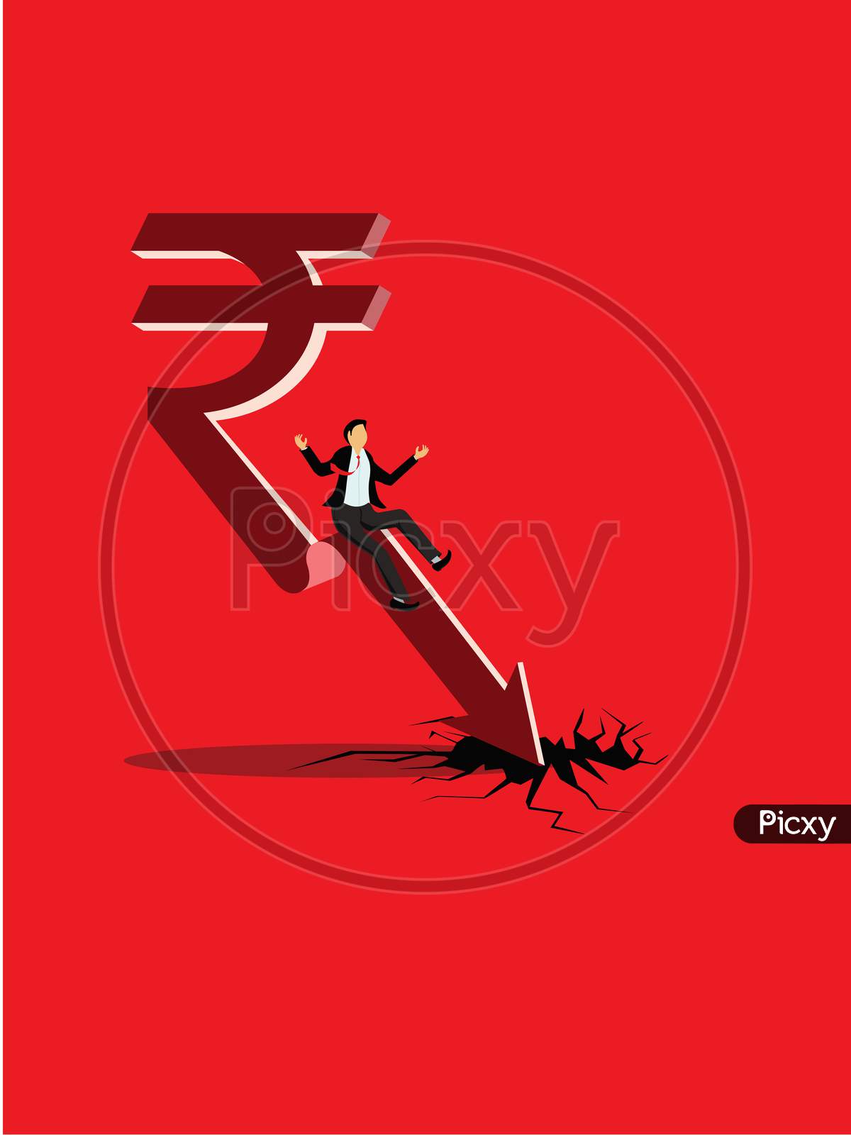 Downward growth arrow rupee symbol sign. Economic recession concept Indian currency sign.