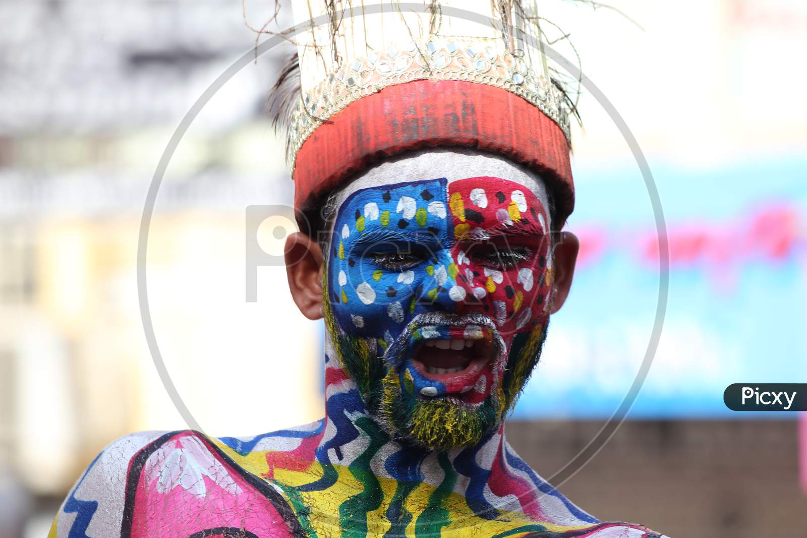 Local tribal People With Facial Paint In Gangaur Festival Udaipur On 4 April 2019.