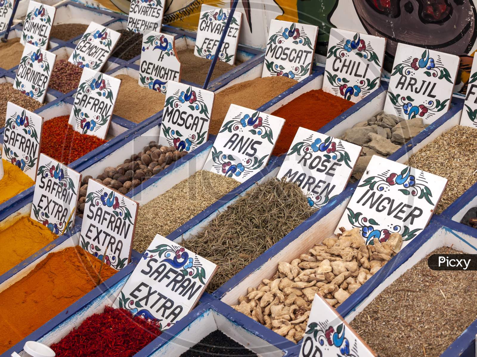 A large array of Oriental spices sold in an Arabian market.