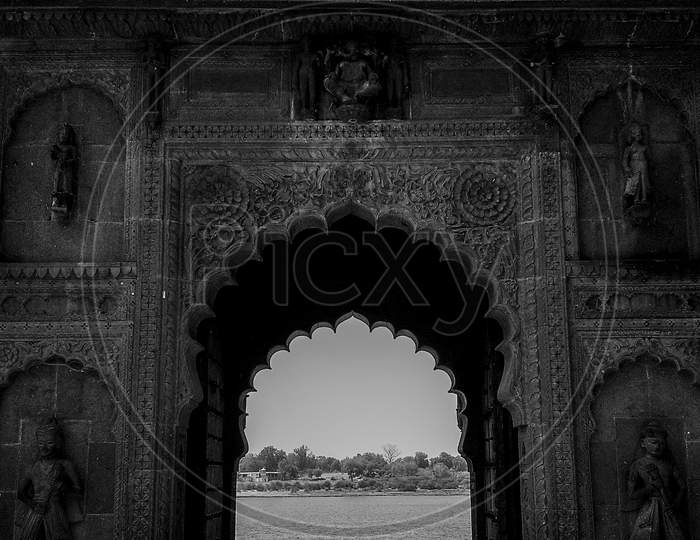Black And White Shot Of The Gate Near The River Narmada At Maheshwar, Madhya Pradesh, India.