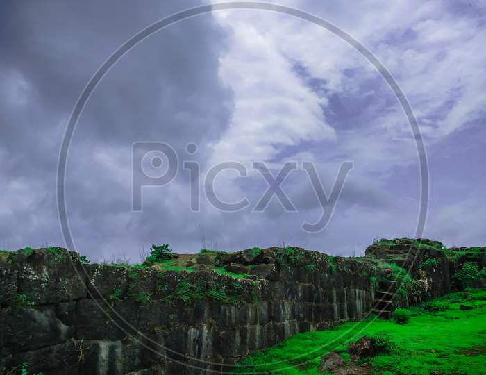 A Landscape Of Historical Wall Of The Fort From Maharashtra, India
