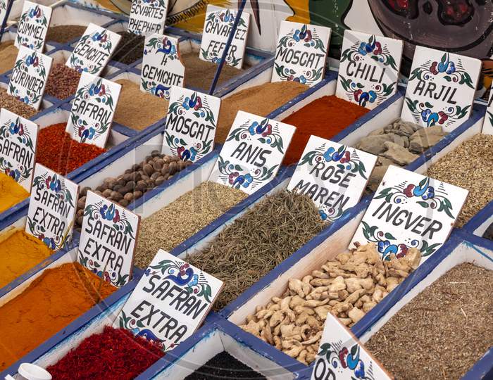 A large array of Oriental spices sold in an Arabian market.
