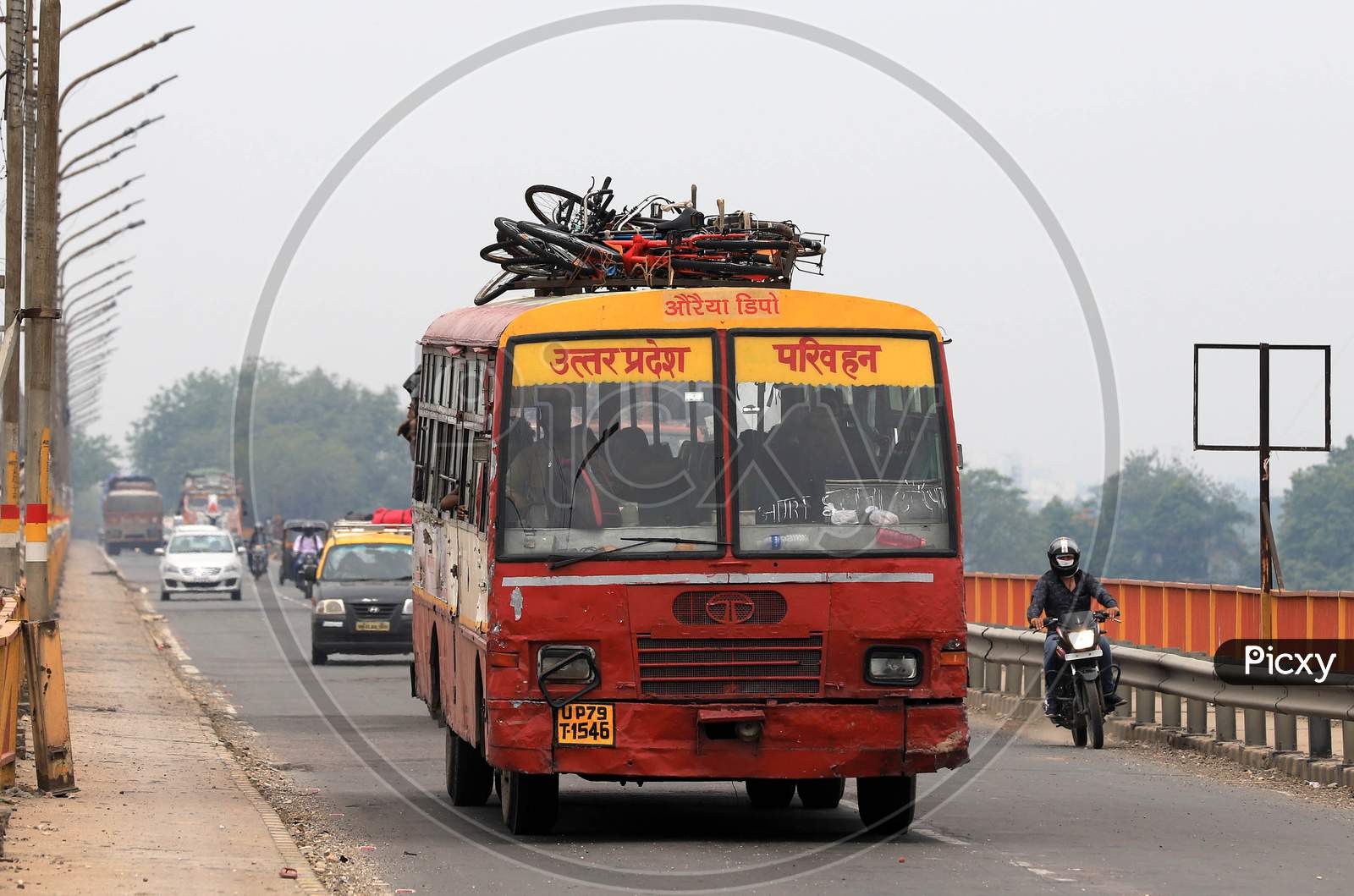 Migrants Loaded Their Bicycles on Top of a Bus During Their Travel To Native Places Amidst Lockdown For Coronavirus Or COVID-19 Pandemic in Prayagraj