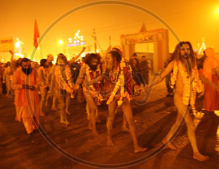 Exodus  of Aghori or Naga Sadhu or Hindu Holy man At Allahabad Kumbh Mela