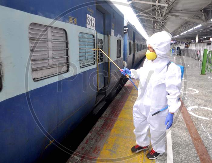 Train Coaches Being Sanitized By Workers At Guwahati Railway Station During Nationwide Lockdown Amidst Coronavirus Or Covid- 19 Pandemic In Guwahati On May 13, 2020.