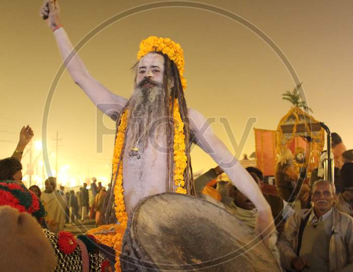 Aghori or Naga Sadhu Arriving  At Allahabad Kumbh Mela